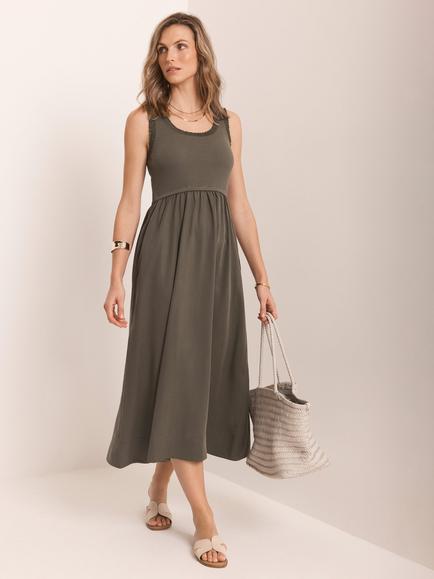 Mint Velvet Ruched Trim Midi Dress, Green Khaki - view 2, Green Khaki