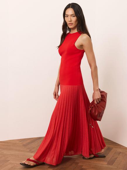 Mint Velvet Drop Waist Pleated Maxi Dress, Red, Red