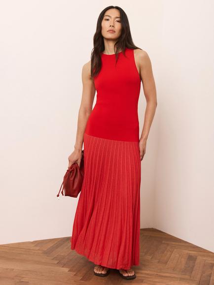 Mint Velvet Drop Waist Pleated Maxi Dress, Red - view 2, Red