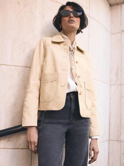 Mint Velvet Scallop Detail Pure Leather Jacket, Yellow, Yellow