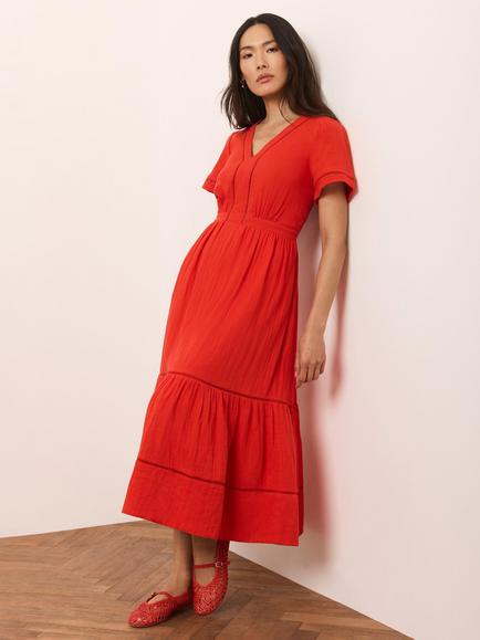 Mint Velvet Shirred Back Tiered Midi Dress, Red, Red