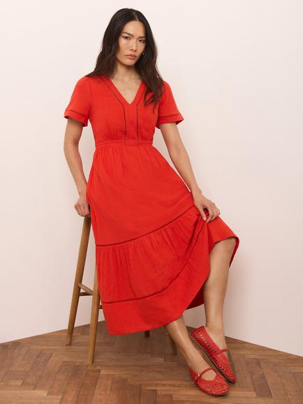 Mint Velvet Shirred Back Tiered Midi Dress, Red - view 2, Red