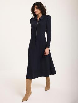 Mint Velvet Zip Detail Textured Midi Dress, Blue Navy, Blue Navy