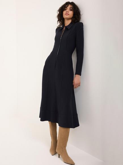 Mint Velvet Zip Detail Textured Midi Dress, Blue Navy - view 2, Blue Navy