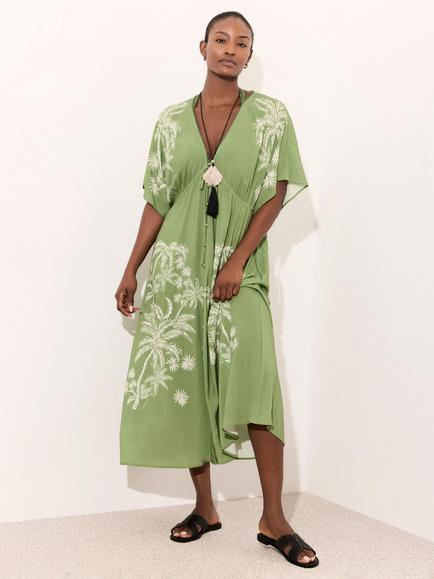 Mint Velvet Palm Print Kaftan Dress, Green/Multi, Green/Multi
