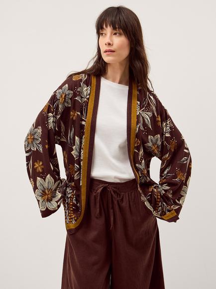 Monsoon Esther Floral Open Neck Kaftan, Chocolate Brown - view 2, Chocolate Brown