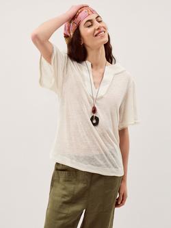 Monsoon Logan V-Neck Pure Linen Top, Ivory, Ivory