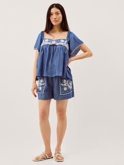 Monsoon Isla Square Neck Embroidered Top, Denim Blue, Denim Blue