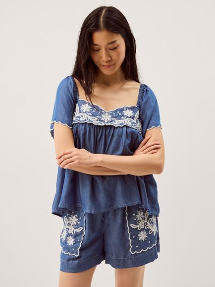 Monsoon Isla Square Neck Embroidered Top, Denim Blue - view 2, Denim Blue