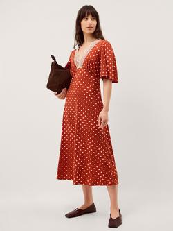 Monsoon Peri Polka Dot Lace Trim Midi Dress, Dark Orange, Dark Orange
