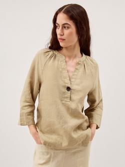 Monsoon Gianna Button Neck Pure Linen Top, Green, Green