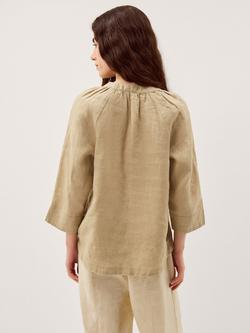 Monsoon Gianna Button Neck Pure Linen Top, Green - view 2, Green