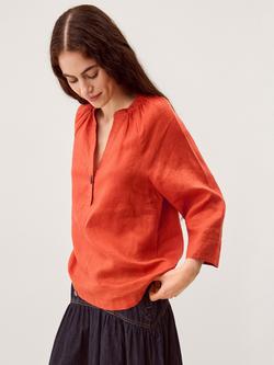 Monsoon Gianna Button Neck Pure Linen Top, Dark Orange, Dark Orange