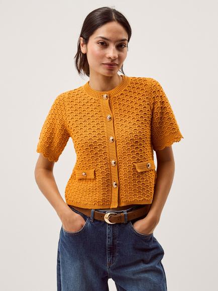 Monsoon Sarna Stitch Short Sleeve Cardigan, Gold, Gold