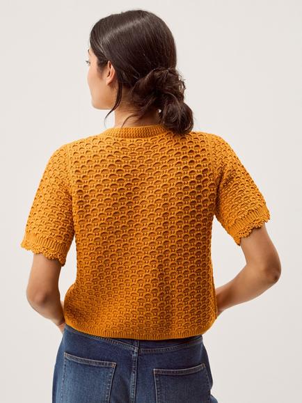 Monsoon Sarna Stitch Short Sleeve Cardigan, Gold - view 2, Gold