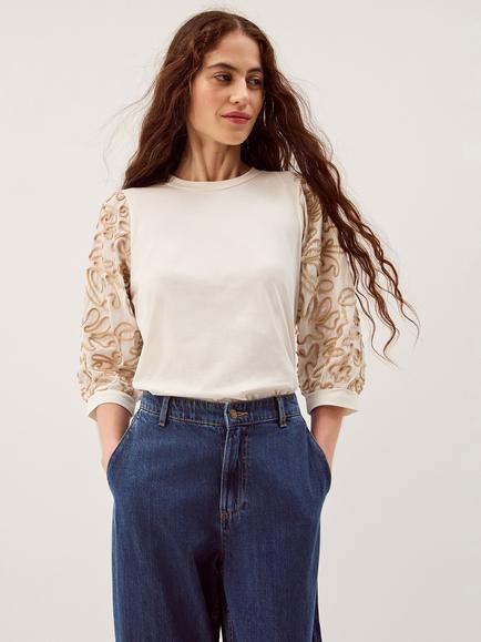 Monsoon Freya Textured Sleeve Top, Ivory, Ivory