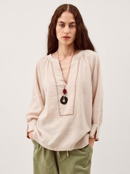 Monsoon Frida Stitch Trim Linen Rich Top containing LENZING™ ECOVERO™ Viscose, Natural, Natural