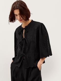Monsoon Cindy Embroidered Tie Front Top, Black, Black