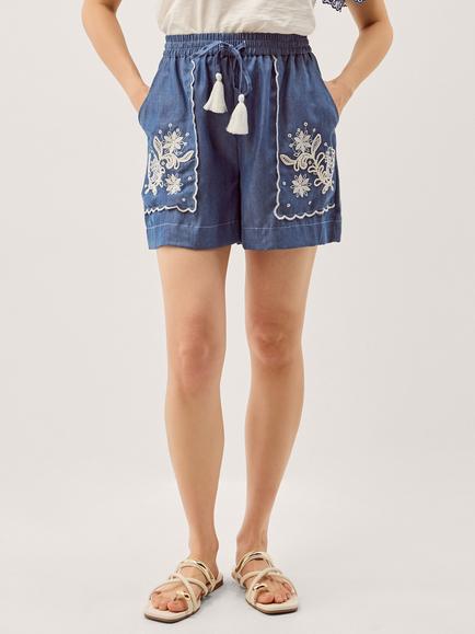 Monsoon Isla Embroidered Shorts, Denim Blue, Denim Blue
