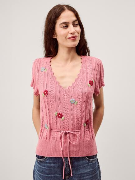 Monsoon Edie Embroidered Knit Top, Pink, Pink