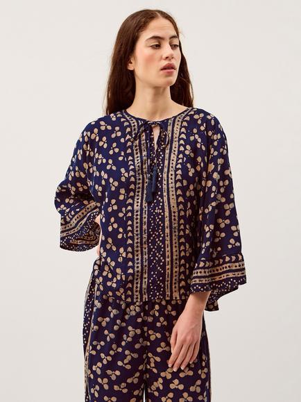 Monsoon Clover Tie Neck Top containing LENZING™ ECOVERO™ Viscose, Navy/Multi, Navy/Multi