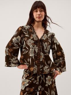 Monsoon Esther Floral Linen Rich Top containing LENZING™ ECOVERO™ Viscose, Chocolate, Chocolate