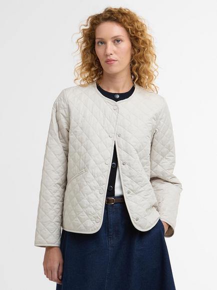 Barbour Cashel Collarless Quilted Jacket, Mist/Navy Tartan, Mist/Navy Tartan