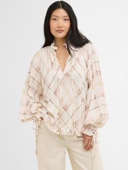 Barbour Asker Check Ruffle Neck Top, Silver Peony, Silver Peony