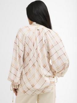 Barbour Asker Check Ruffle Neck Top, Silver Peony - view 2, Silver Peony