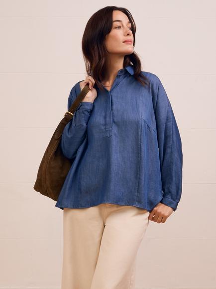 Celtic & Co. Drape Balloon Sleeve Top, Denim Blue, Denim Blue