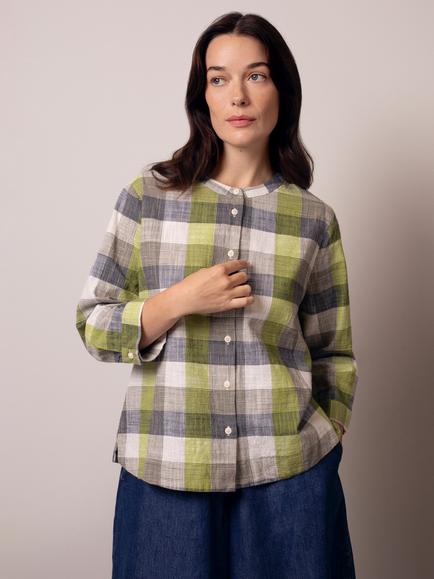 Celtic & Co. Check Collarless Swing Pure Linen Shirt, Slate/Green/White, Slate/Green/White