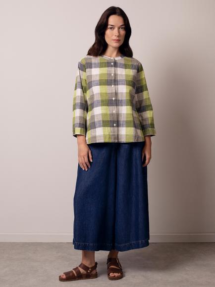 Celtic & Co. Check Collarless Swing Pure Linen Shirt, Slate/Green/White - view 2, Slate/Green/White