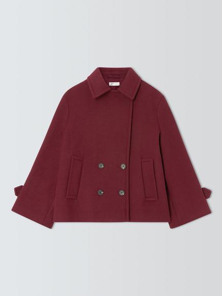 AND/OR Double Breasted Wool Blend Short Peacoat, Burgundy, Burgundy