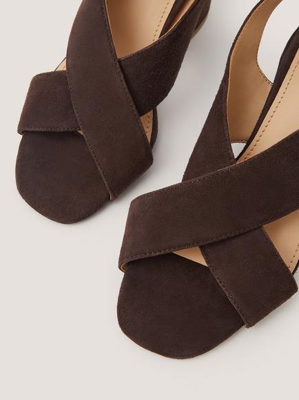 Monsoon Cally Cross Strap Leather Heeled Sandals, Chocolate - view 2, Chocolate