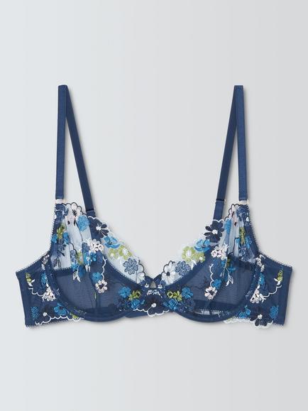 John Lewis Kiki Floral Embroidery Balcony Bra, Blue, Blue