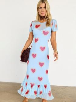 Never Fully Dressed Heart Katie Mesh Midi Dress, Light Blue/Red, Light Blue/Red