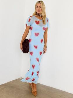 Never Fully Dressed Heart Katie Mesh Midi Dress, Light Blue/Red - view 2, Light Blue/Red