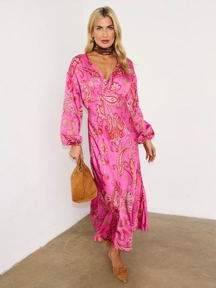Never Fully Dressed Emma Paisley Midi Dress, Pink/Multi, Pink/Multi