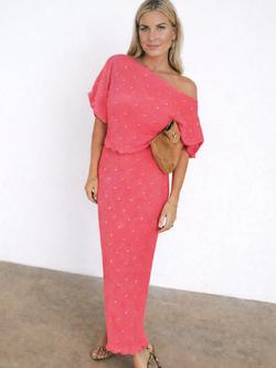 Never Fully Dressed Tilly Plisse Off Shoulder Dress, Pink/Gold