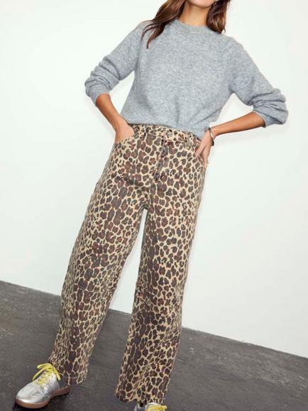 Never Fully Dressed Leopard Print Barrel Leg Jeans, Brown/Multi, Brown Multi