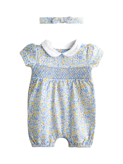 JoJo Maman Bébé Baby Floral Smocked Romper & Headband Set, Light Blue, Light Blue