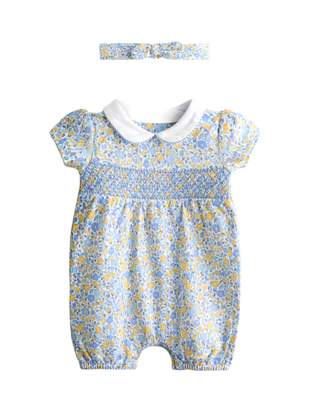 JoJo Maman Bébé Baby Floral Smocked Romper & Headband Set, Light Blue, Light Blue