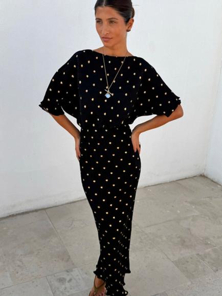 Never Fully Dressed Tilly Plisse Off Shoulder Dress, Black/Gold