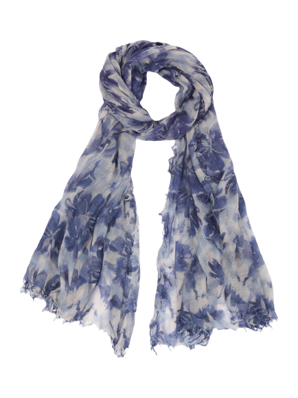 Pure Collection Floral Wool Rich Scarf, Blue Watercolour Flo, Blue Watercolour Flo