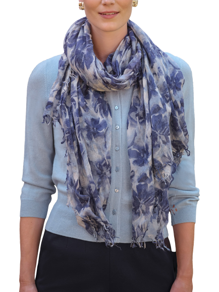 Pure Collection Floral Wool Rich Scarf, Blue Watercolour Flo - view 2, Blue Watercolour Flo