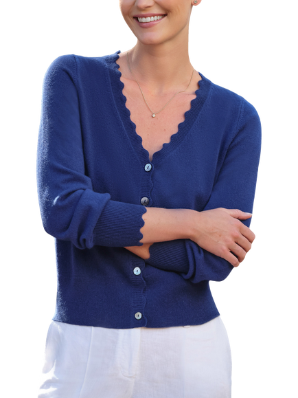 Pure Collection Scalloped Edge Cashmere Cardigan, Grecian Blue, Grecian Blue