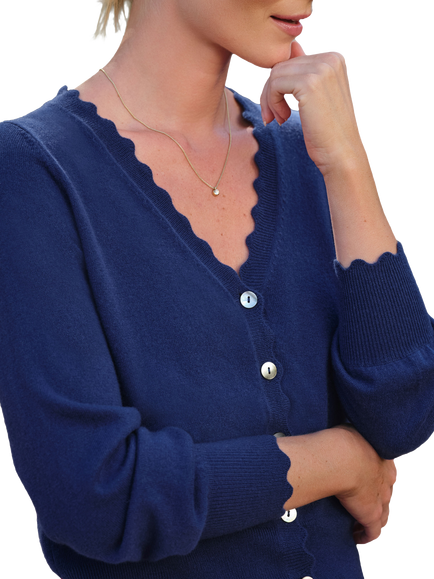 Pure Collection Scalloped Edge Cashmere Cardigan, Grecian Blue - view 2, Grecian Blue