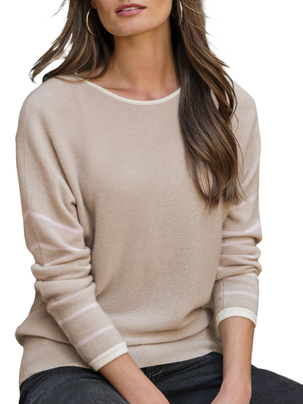Pure Collection Stripe Sleeve Pure Cashmere Jumper, Haze Soft Oyster, Haze Soft Oyster