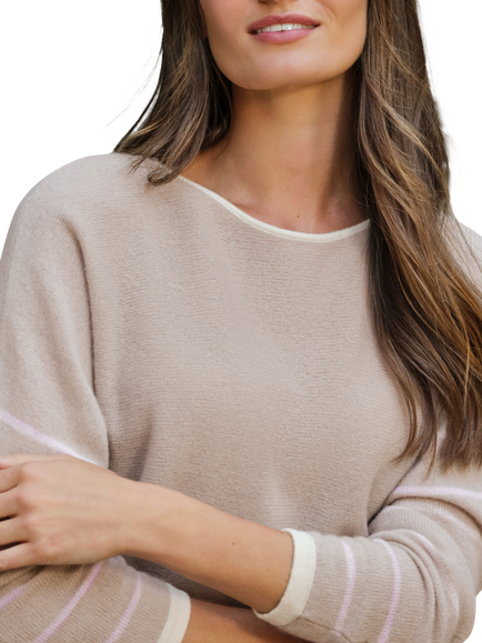 Pure Collection Stripe Sleeve Pure Cashmere Jumper, Haze Soft Oyster - view 2, Haze Soft Oyster