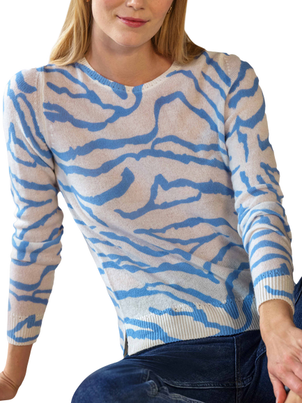Pure Collection Pure Cashmere Printed Zebra Gassato Jumper, Blue/White, Blue/White